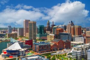 Maryland, USA Skyline on the Inner Harbor in the afternoon.